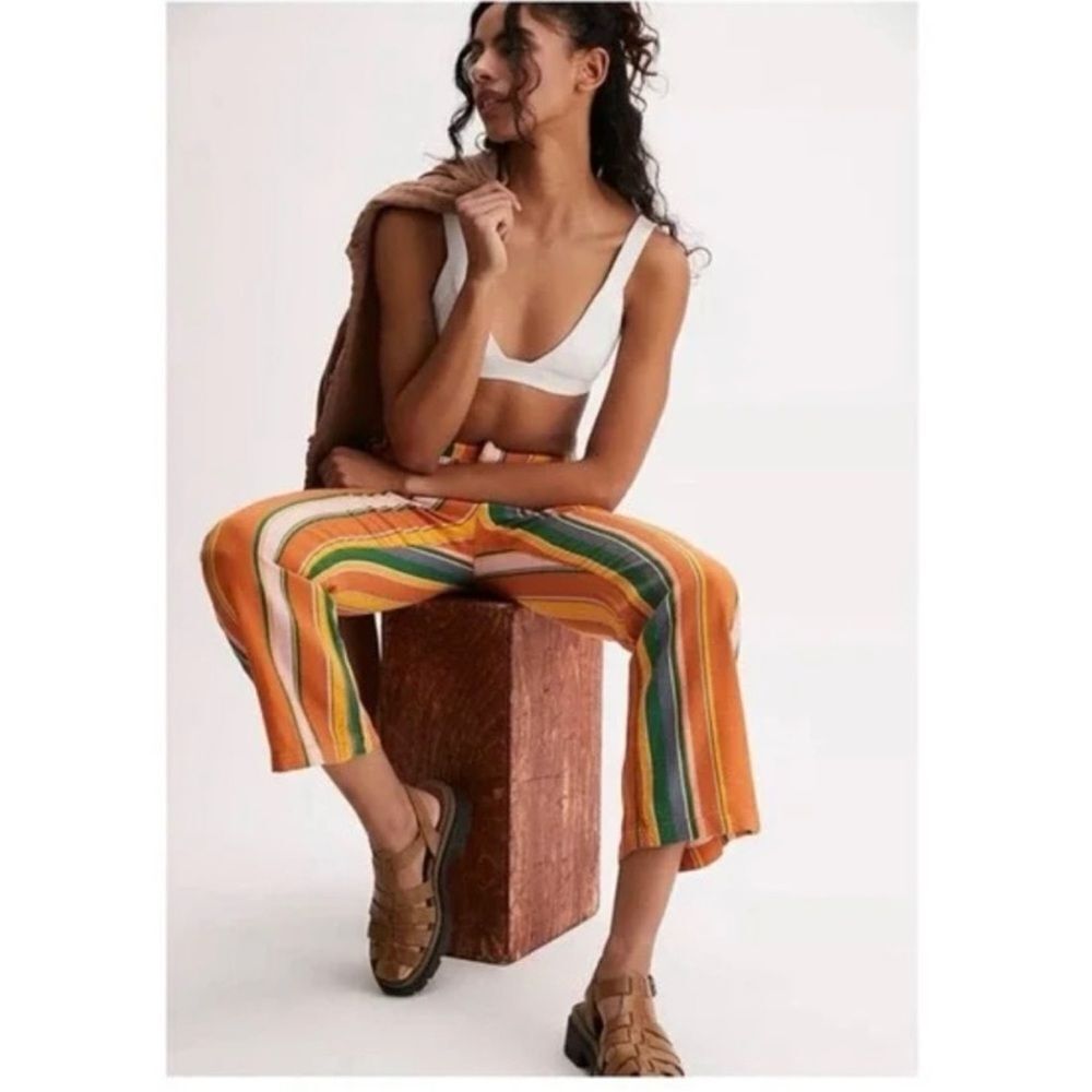 Free People Orange Multi-Striped Cropped Wide-Leg Pants